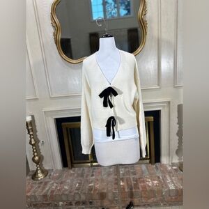 Anniewear Cream Knit Sweater S Bow Front Cardigan Soft Ribbed Kawaii Cottagecore